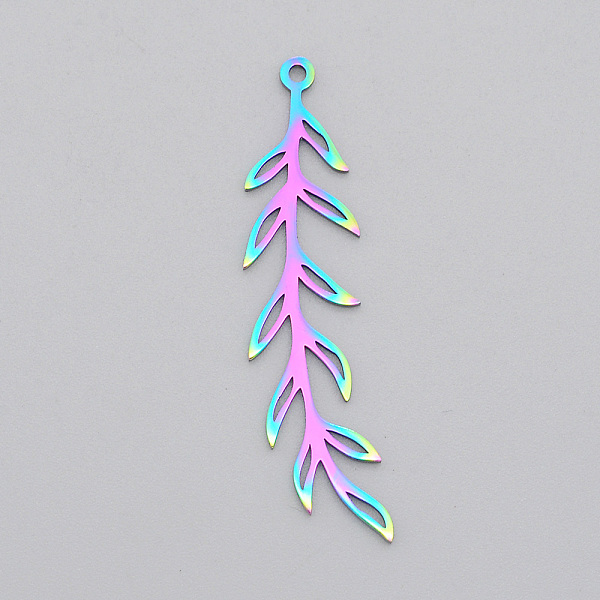 

PandaHall Ion Plating(IP) 201 Stainless Steel Pendants, Laser Cut, Leaf, Rainbow Color, 44x11x1mm, Hole: 1.5mm 201 Stainless Steel Leaf