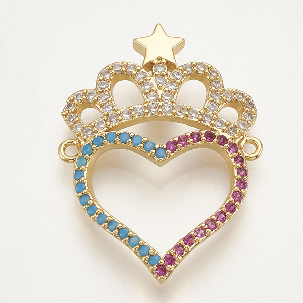 

PandaHall Brass Micro Pave Cubic Zirconia Links, Crown with Heart, Colorful, Golden, 28x21x3mm, Hole: 1mm Brass+Cubic Zirconia Crown