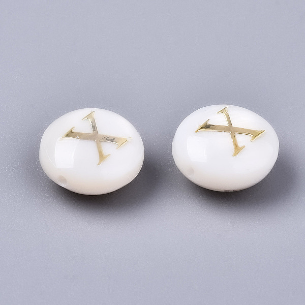 

PandaHall Natural Freshwater Shell Beads, with Golden Plated Brass Etched Metal Embellishments, Flat Round, Seashell Color, Letter.X...