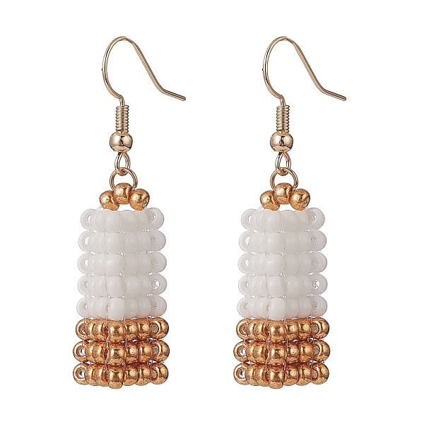 

PandaHall Glass Seed Braided Cuboid Dangle Earrings, Brass Jewelry for Women, Golden, 45.5mm, Pin: 0.7mm Glass White