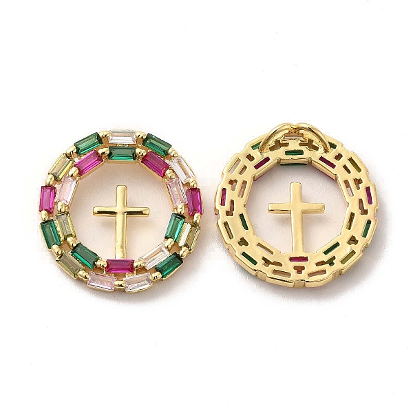 

PandaHall Brass Micro Pave Cubic Zirconia Pendants, Flat Round with Cross Charm, Golden, Religion, Colorful, 24x3.5mm, Hole: 2x3mm...