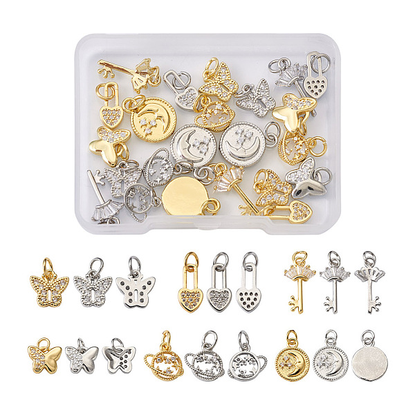 

PandaHall 24 Pcs 12 Styles Cubic Zirconia Pendants, with Brass Finding, Mixed Color, 2pcs/style Brass+Cubic Zirconia Butterfly Clear