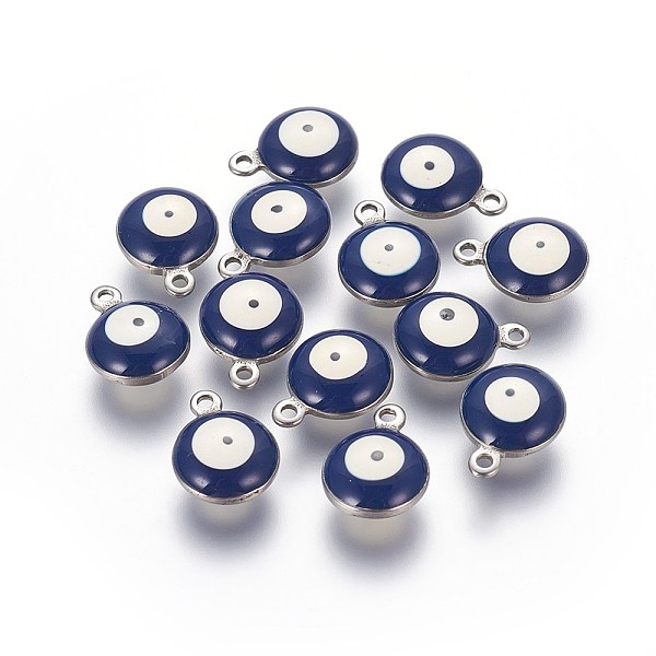 

PandaHall 304 Stainless Steel Enamel Charms, Flat Round with Evil Eye, Stainless Steel Color, Midnight Blue, 13x10x5mm, Hole: 1.4mm...