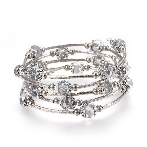 

PandaHall Five Loops Faceted Glass Wrap Bracelets, with Brass Tube Beads and Iron Beads, White, 2-1/4 inch(5.7cm) Glass White
