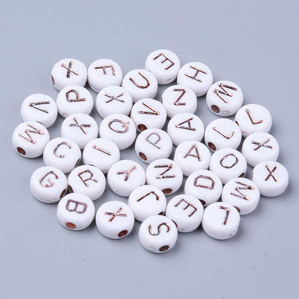 

PandaHall Opaque White Acrylic Beads, Metal Enlaced, Flat Round with Rose Gold Plated Random Letters, 7x3.5mm, Hole: 1.8mm, about...