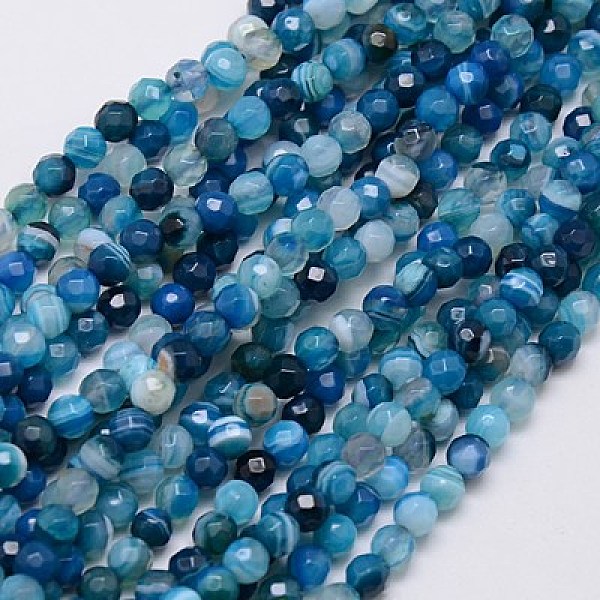 

PandaHall Natural Striped Agate/Banded Agate Beads Strands, Faceted, Dyed, Round, Marine Blue, 4mm, Hole: 0.5mm, about 91~93pcs/strand, 15...