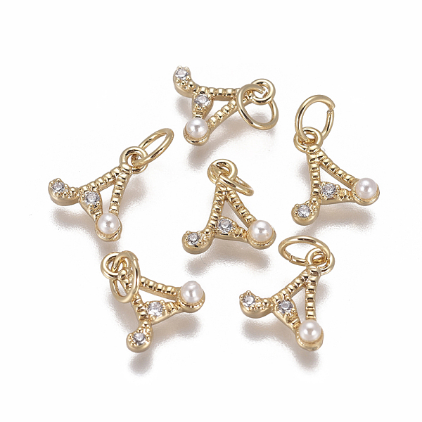 

PandaHall Brass Charms, with Cubic Zirconia and Shell Pearl Bead, Letter, Golden, Clear, Letter.A, 9.5~11x3.5~10.8x3~3.5mm, Hole: 3.5mm...