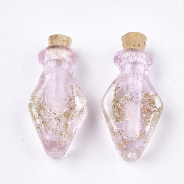 PandaHall Luminous Handmade Gold Sand Lampwork Pendants, with Wood Stopper, Perfume Bottle, Pink, 31.5~32x17.5~18x9~9.5mm, Hole: 4.5mm...