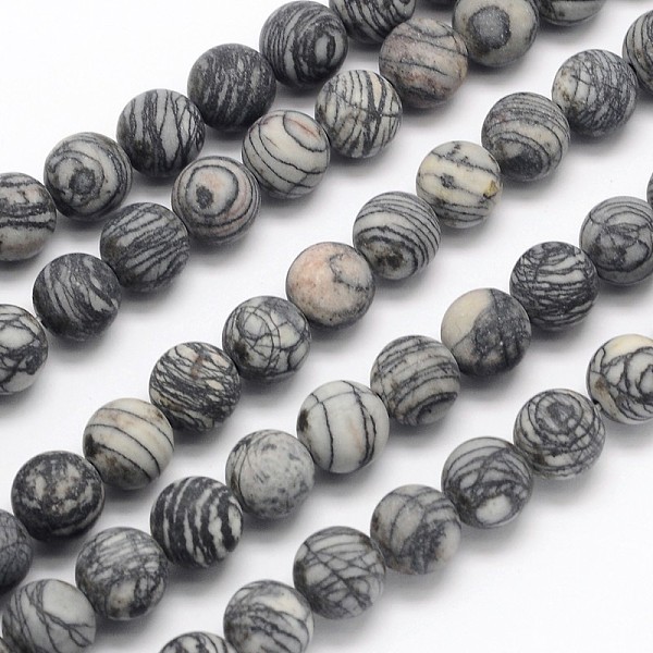 Frosted Round Natural Black Picasso Stone/Picasso Jasper Beads Strands