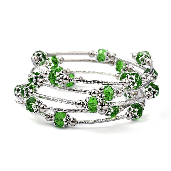 

PandaHall Fashion Wrap Bracelets, with Rondelle Glass Beads, Tibetan Style Bead Caps, Brass Tube Beads and Steel Memory Wire, Light Green...