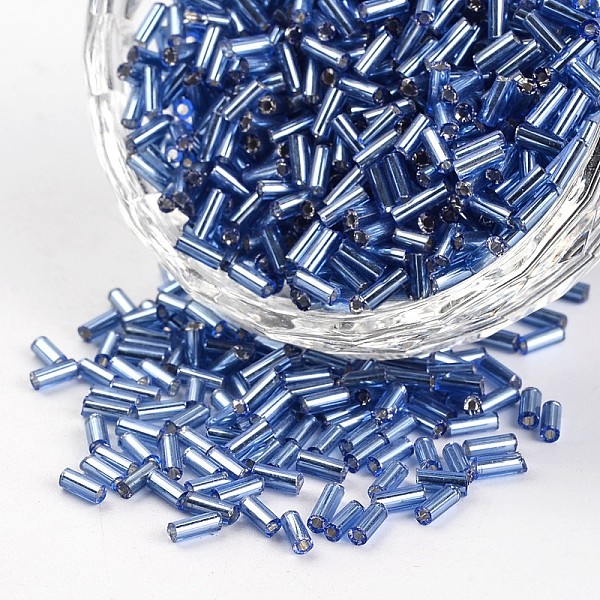 

PandaHall Silver Lined Round Hole Glass Bugle Beads, Cornflower Blue, 3~5x1.8~2mm, Hole: 0.8mm, about 12000pcs/450g Glass Blue