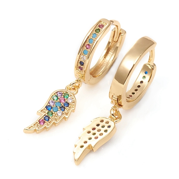 

PandaHall Brass Micro Pave Cubic Zirconia Huggie Hoop Earrings, Long-Lasting Plated, Wing, Colorful, Golden, 31mm, Pin: 1mm Cubic Zirconia