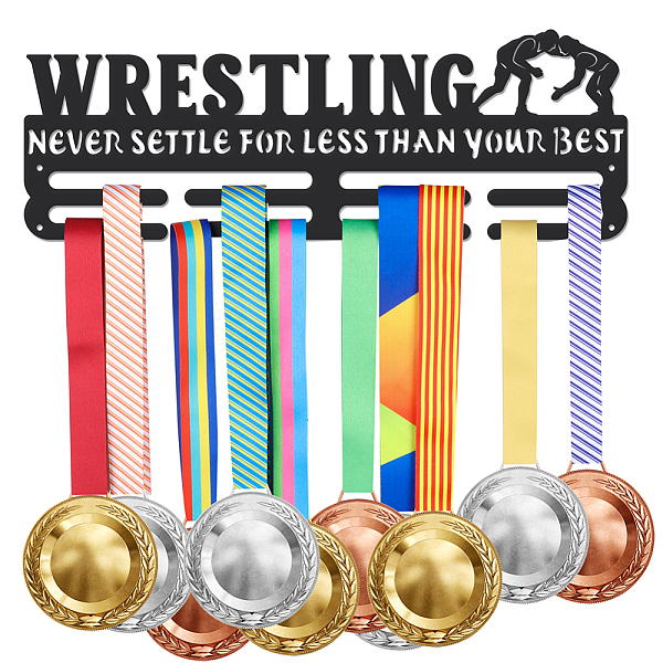 

PandaHall Sports Theme Iron Medal Hanger Holder Display Wall Rack, with Screws, Wrestling Pattern, 150x400mm Iron Sports Black