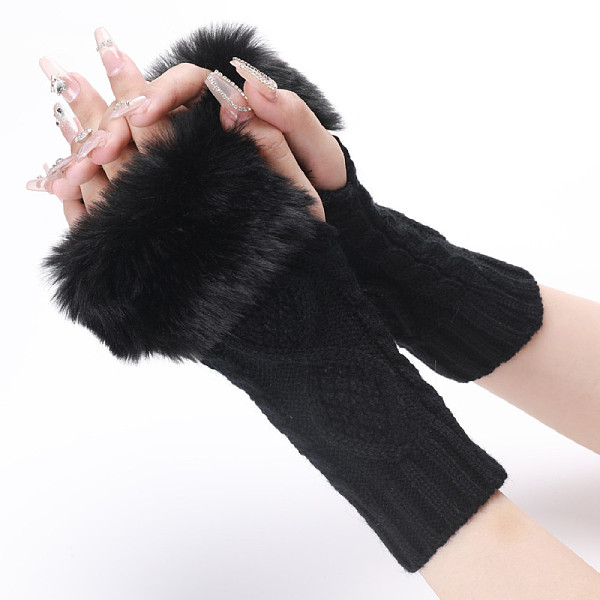 PandaHall Polyacrylonitrile Fiber Yarn Knitting Fingerless Gloves, Fluffy Winter Warm Gloves with Thumb Hole, Black, 200~260x125mm Fibre...