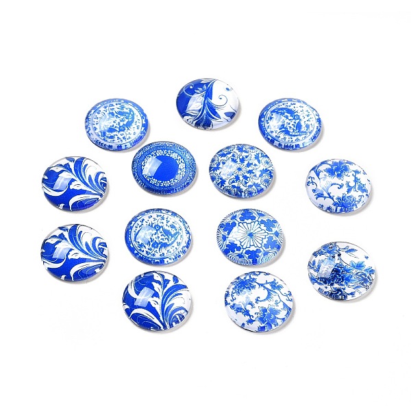 

PandaHall Blue and White Floral Printed Glass Cabochons, Half Round/Dome, Steel Blue, 18x5mm Glass Half Round Blue