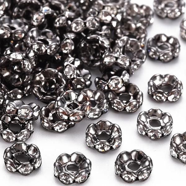 

PandaHall Brass Rhinestone Spacer Beads, Grade A, Waves Edge, Rondelle, Gunmetal, Clear, Size: about 6mm in diameter, 3mm thick, hole: 1.5mm...