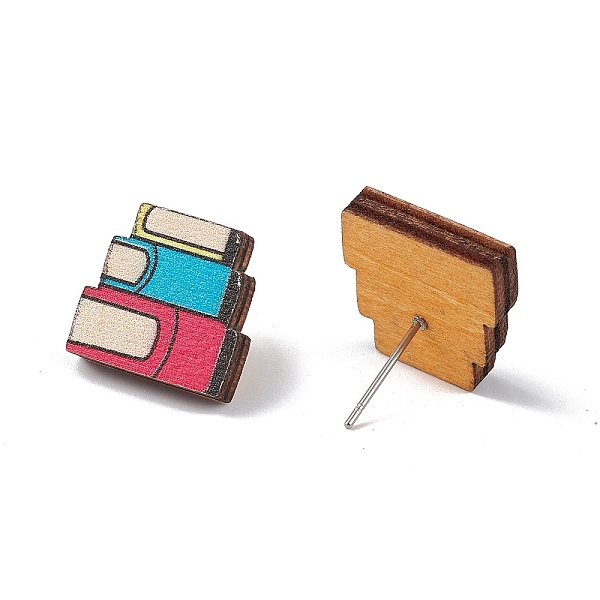 PandaHall Natural Wood Stud Earrings, 316 Stainless Steel Jewelry for Women, Book Pattern, 15x15mm, Pin: 0.6mm Wood Book