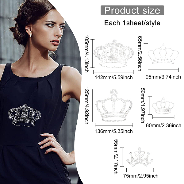 

PandaHall FINGERINSPIRE 5pcs Crown Pattern Iron on Crystal Rhinestone Decals Crown Large Rhinestone Transfer Rhinestone Iron on Hotfix..., Clear