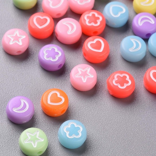 

PandaHall Opaque Acrylic Beads, Flat Round with White Heart & Flower & Moon & Star, Mixed Color, 7x4mm, Hole: 1.6mm Acrylic Flat Round..., Multicolor