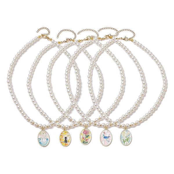 

PandaHall White Glass Pearl Beaded Necklaces, Alloy Enamel Pendant Necklaces for Women, Flower, Golden, Mixed Shapes, 15.63 inch(39.7cm)...