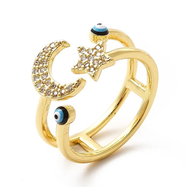 Enamel Evil Eye & Cubic Zirconia Moon Star Open Cuff Ring