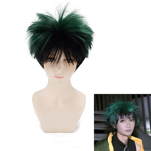 PandaHall Short Green & Black Anime Cosplay Wigs, Synthetic Hero Wavy Wigs for Makeup Costume, with Bang, 6 inch(15cm) High Temperature...