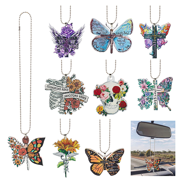 

PandaHall AHANDMAKER 9Pcs Car Rear View Mirror Accessories, 9 Style Car Mirror Hangings, Sunflower Butterfly Cross Flower Skull Car Mirror..., Multicolor