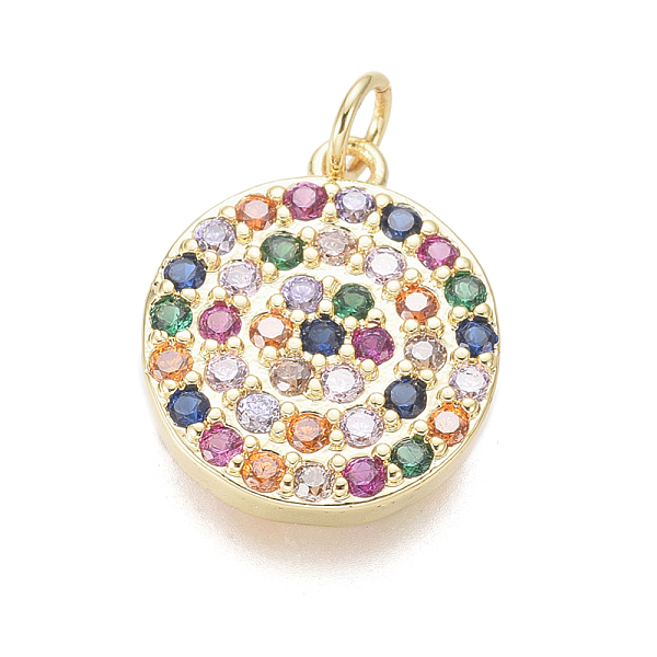 

PandaHall Brass Micro Pave Cubic Zirconia Charms, with Jump Rings, Flat Round, Colorful, Golden, 14x12x2mm, Hole: 2.5mm Brass+Cubic Zirconia...