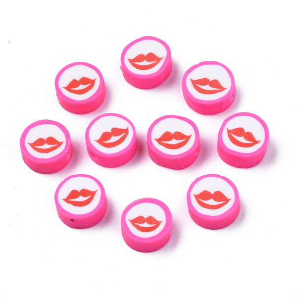 

PandaHall Handmade Polymer Clay Beads, Flat Round with Mouth, Hot Pink, 9.5~10x4~4.5mm, Hole: 1.6mm Polymer Clay Flat Round