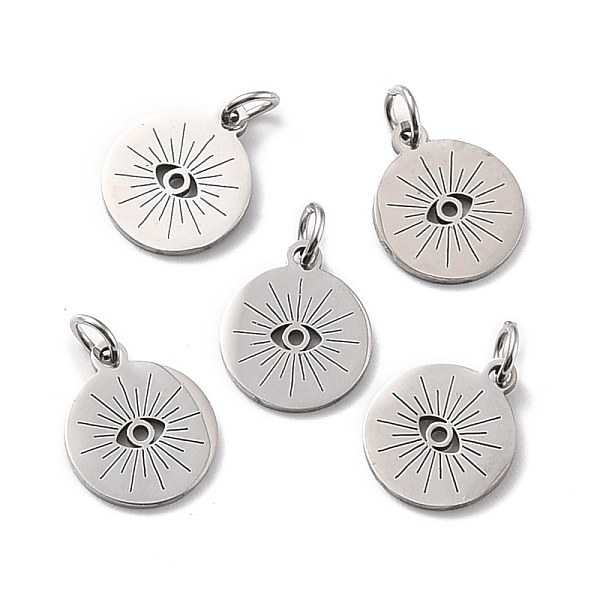 

PandaHall 201 Stainless Steel Charms, with Jump ring, Flat Round with Evil Eye, Stainless Steel Color, 14x12x1mm, Hole: 3mm, Jump Ring...