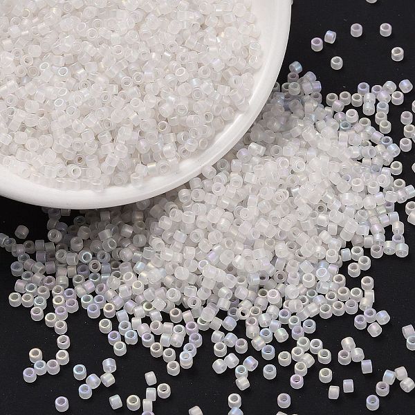 

PandaHall Cylinder Seed Beads, Frosted AB Colors, Round Hole, Uniform Size, White, 2x1.5mm, Hole: 0.8mm, about 888pcs/10g Glass White