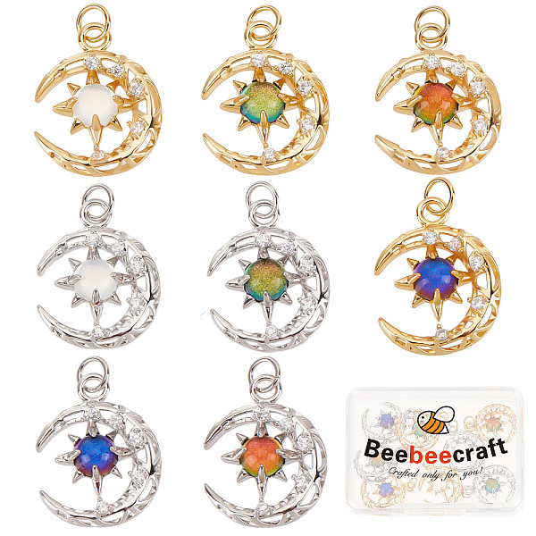 

PandaHall Beebeecraft 1 Box 8Pcs 8 Colors 18K Gold Plated Cubic Zirconia Moon Charms with Colorful Rhinestone Sun Dangle Pendants with Jump..., Multicolor