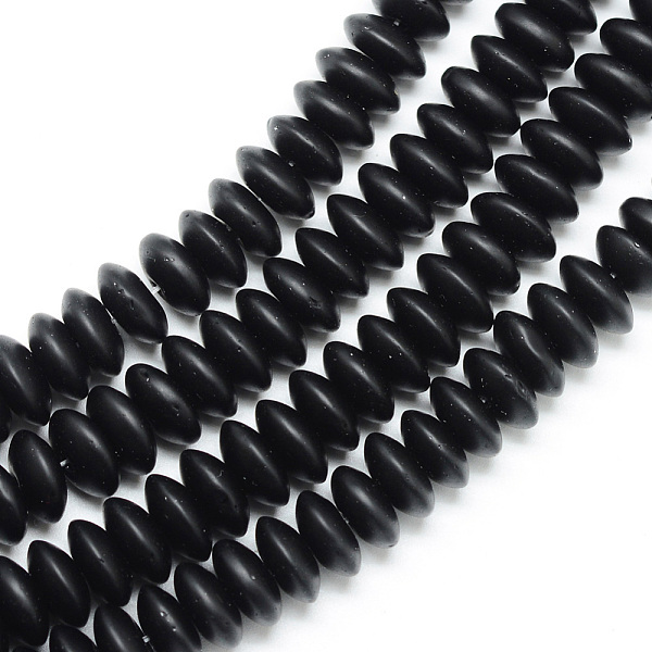 

PandaHall Synthetic Black Stone Beads Strands, Frosted, Rondelle, 8~9x4mm, Hole: 1mm, about 96~100pcs/strand, 13.98 inch~14.37 inch...