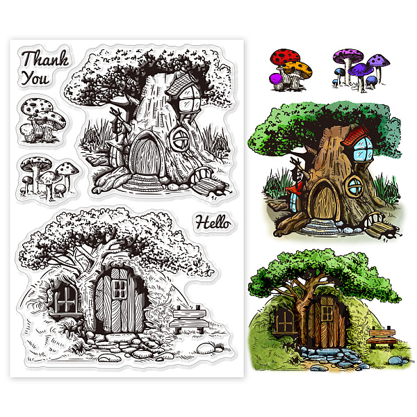 

PandaHall GLOBLELAND Tree House Background Clear Stamps Mushroom Silicone Stamps Greeting Words Transparent Rubber Stamps Seal for DIY...