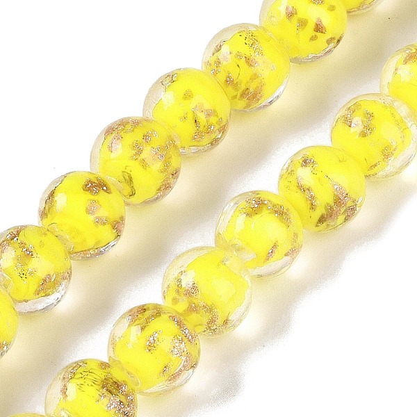 

PandaHall Handmade Gold Sand Lampwork Beads, Round, Yellow, 8~8.5x7.5~8mm, Hole: 1.5mm, about 48pcs/strand, 14.02''(35.6cm) Lampwork Round...