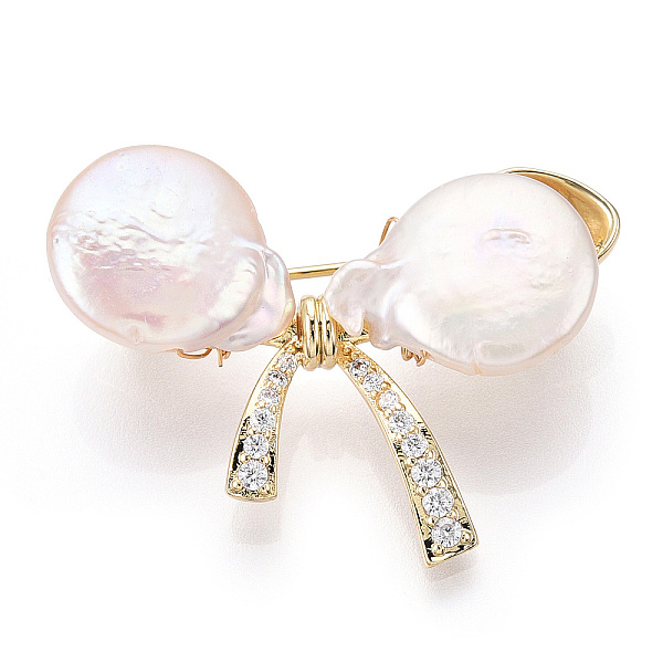 

PandaHall Natural Baroque Pearl Bowknot Brooches for Women, Brass Pave Cubic Zirconia Pins, Real 14K Gold Plated, 26x33.5~35x12~15mm Brass...