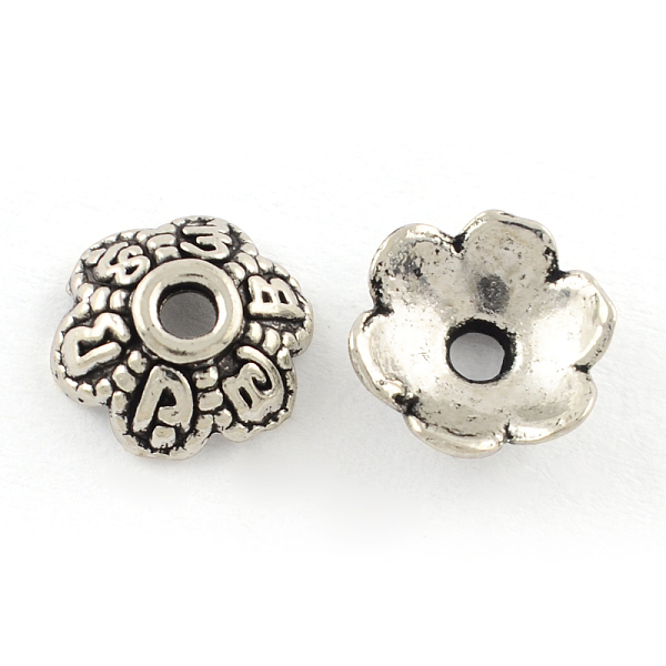 

PandaHall 6-Petal Tibetan Style Alloy Bead Caps, Cadmium Free & Lead Free, Flower, Antique Silver, 7x3mm, Hole: 1.5mm, about 4347pcs/1000g...
