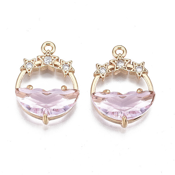 

PandaHall Faceted Transparent Glass Pendants, with Brass Crystal Rhinestone Findings, Flat Round with Star, Light Gold, Pink, 21x15x5mm...