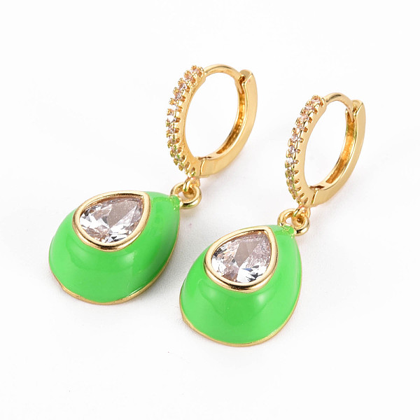 

PandaHall Brass Micro Pave Clear Cubic Zirconia Huggie Hoop Earrings, with Enamel, Nickel Free, Teardrop, Golden, Lime Green, 33mm, Pin: 1mm...