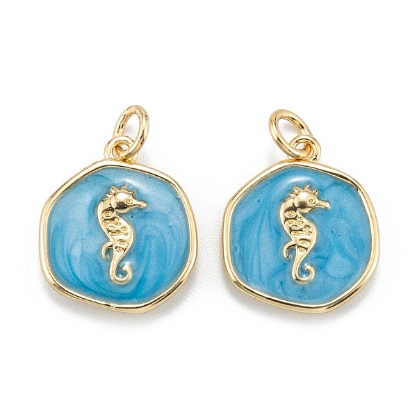 

PandaHall Brass Enamel Pendants, with Jump Rings, Long-Lasting Plated, Flat Round with Sea Horse, Deep Sky Blue, Real 18K Gold Plated...