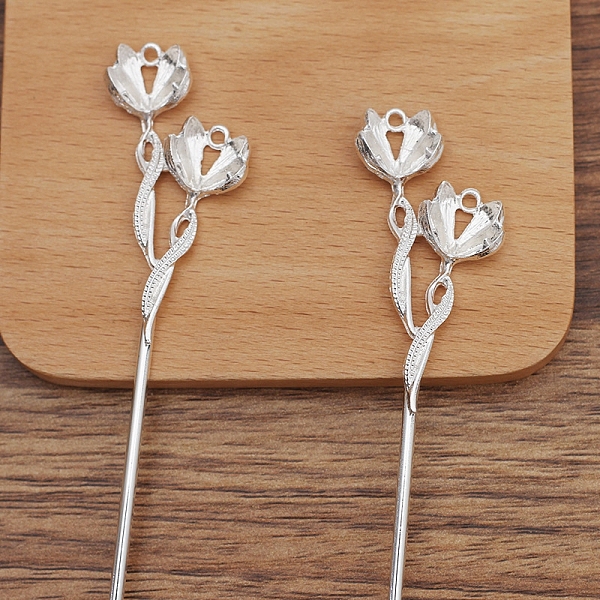 

PandaHall Iron Hair Stick Findings, with Alloy Cabochons Setting, Flower, Silver, 163x28mm, Tray: 10mm Iron
