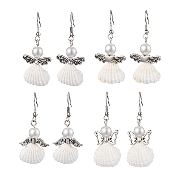 

PandaHall Angel Spiral Shell & Glass Pearl Dangle Earrings, Alloy Jewelry for Women, Antique Silver, 47~48x19.5~24.5mm, 4pair/set Shell..., White