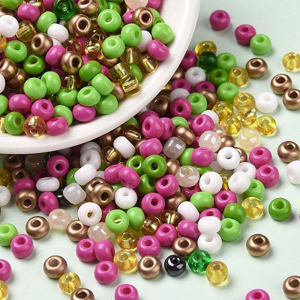 

PandaHall Opaque & Transparent & Metallic Colours Glass Seed Beads, Round Hole, Round, Camellia, 4~4.5x2.5~3mm, Hole: 1.2~1.4mm, about..., Pink