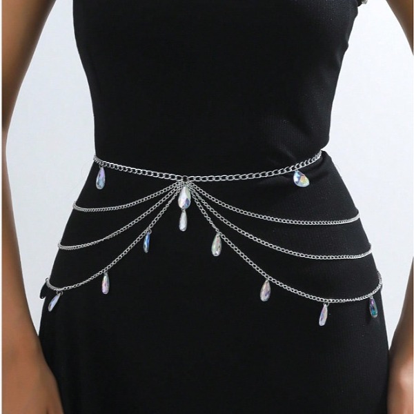 Gothic Style Alloy & Clear Glass Teardrop Tassel Multilayer Waist Belly Chains for Women