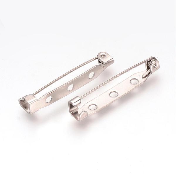 304 Stainless Steel Pin Brooch Back Bar Findings, Stainless Steel Color, 32x5x6mm, Hole: 2mm, Pin: 0.8mm