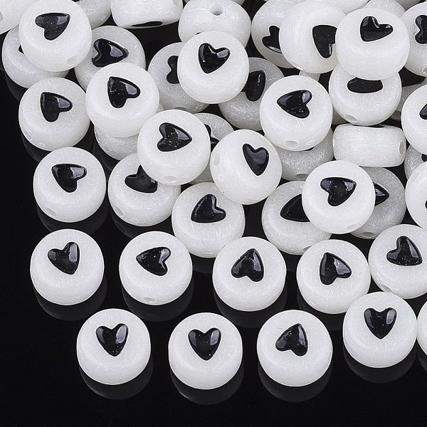 

PandaHall Luminous Acrylic Beads, Flat Round with Heart, Creamy White, 7x3.5~4mm, Hole: 1.2mm, about 3590pcs/500g Acrylic Flat Round