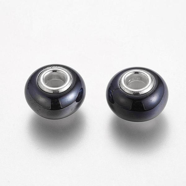 

PandaHall Handmade Porcelain European Beads, with Silver Color Brass Double Cores, Rondelle, Black, 15x10~11mm, Hole: 5mm Porcelain+Brass...