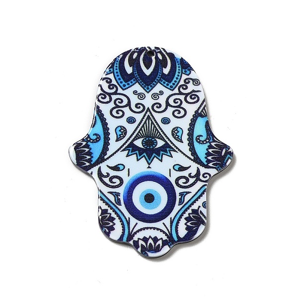 

PandaHall Opaque Acrylic Pendants, Hamsa Hand/Hand of Miriam Charm, Evil Eye Pattern, 51.5x38.5x2mm, Hole: 1.6mm Acrylic Evil Eye