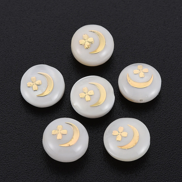 

PandaHall Natural Freshwater Shell Beads, with Golden Plated Brass Metal Embellishments, Flat Round with Moon & Flower, Seashell Color...