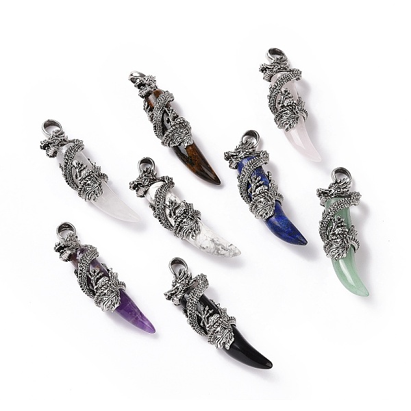

PandaHall Natural Gemstone Pendants, with Antique Silver Tone Alloy Dragon, 61~65x20.5~21x16mm, Hole: 7x6.5mm Mixed Stone Dragon